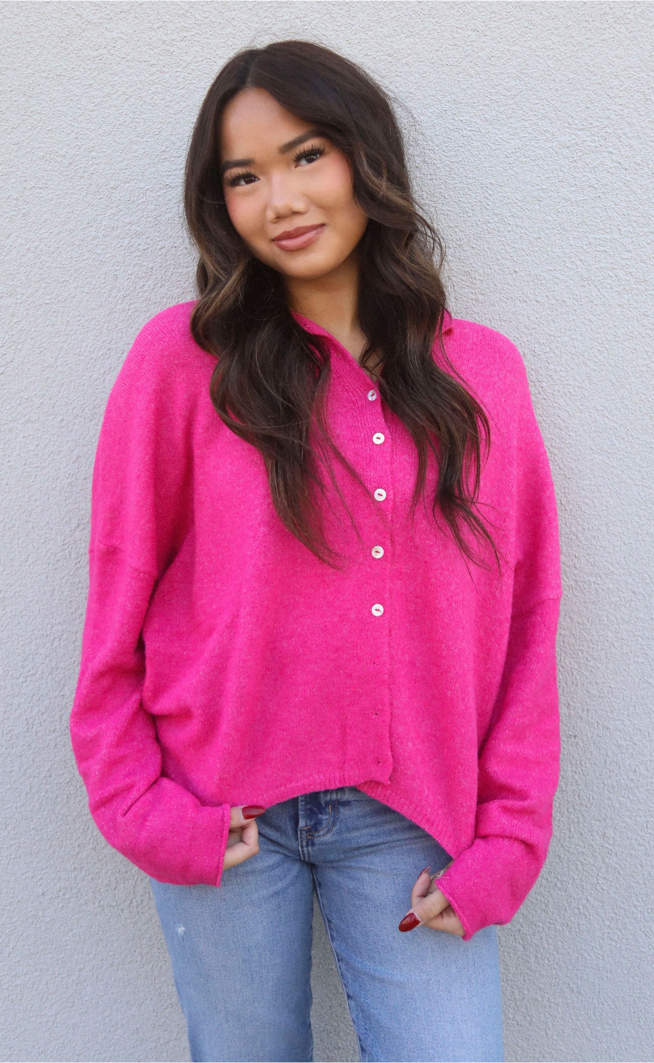Fuchsia Collared Cardigan – Lightweight Knit with Modern Drop Shoulders